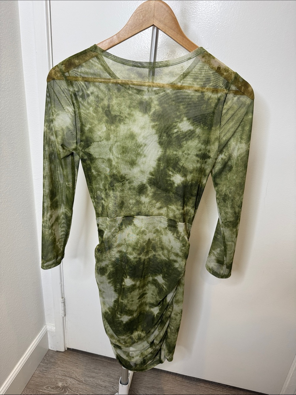 SHEIN Sheer Olive Green Tie-Dye Ruched Long Sleeve Dress Resort Wear - Picture 2 of 5